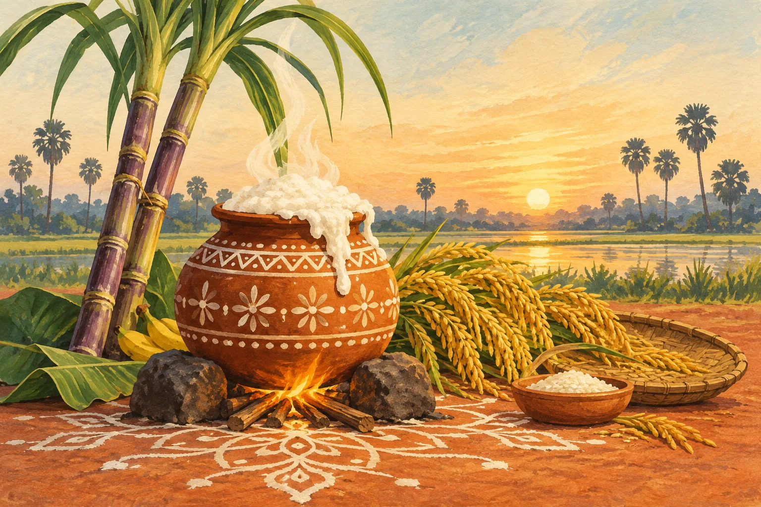 Original Thai Pongal illustration of an overflowing clay pot, sugarcane, rice and sunrise