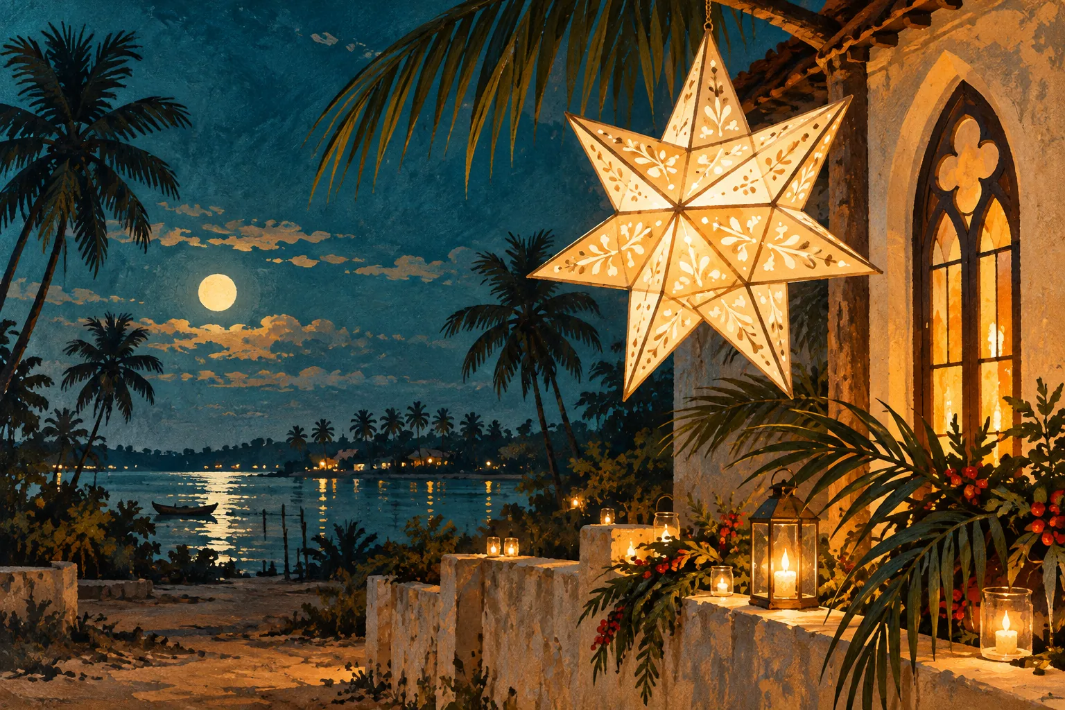 Original Christmas illustration of a glowing star lantern, candles and a tropical church window