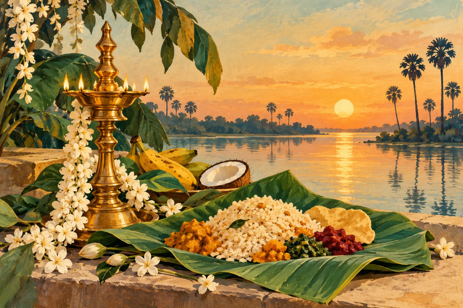 Original symbolic Selvasannithi illustration of a lamp, rice meal and lagoon at sunset
