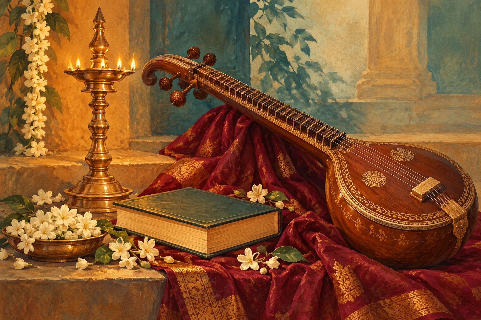 Original illustration of a brass oil lamp, book, veena and jasmine for Navarathiri