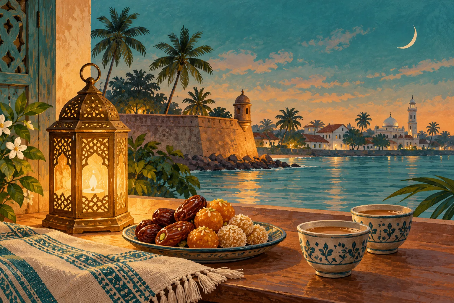 Original Eid al-Fitr illustration of tea, festive sweets and a lantern beneath a decorative crescent