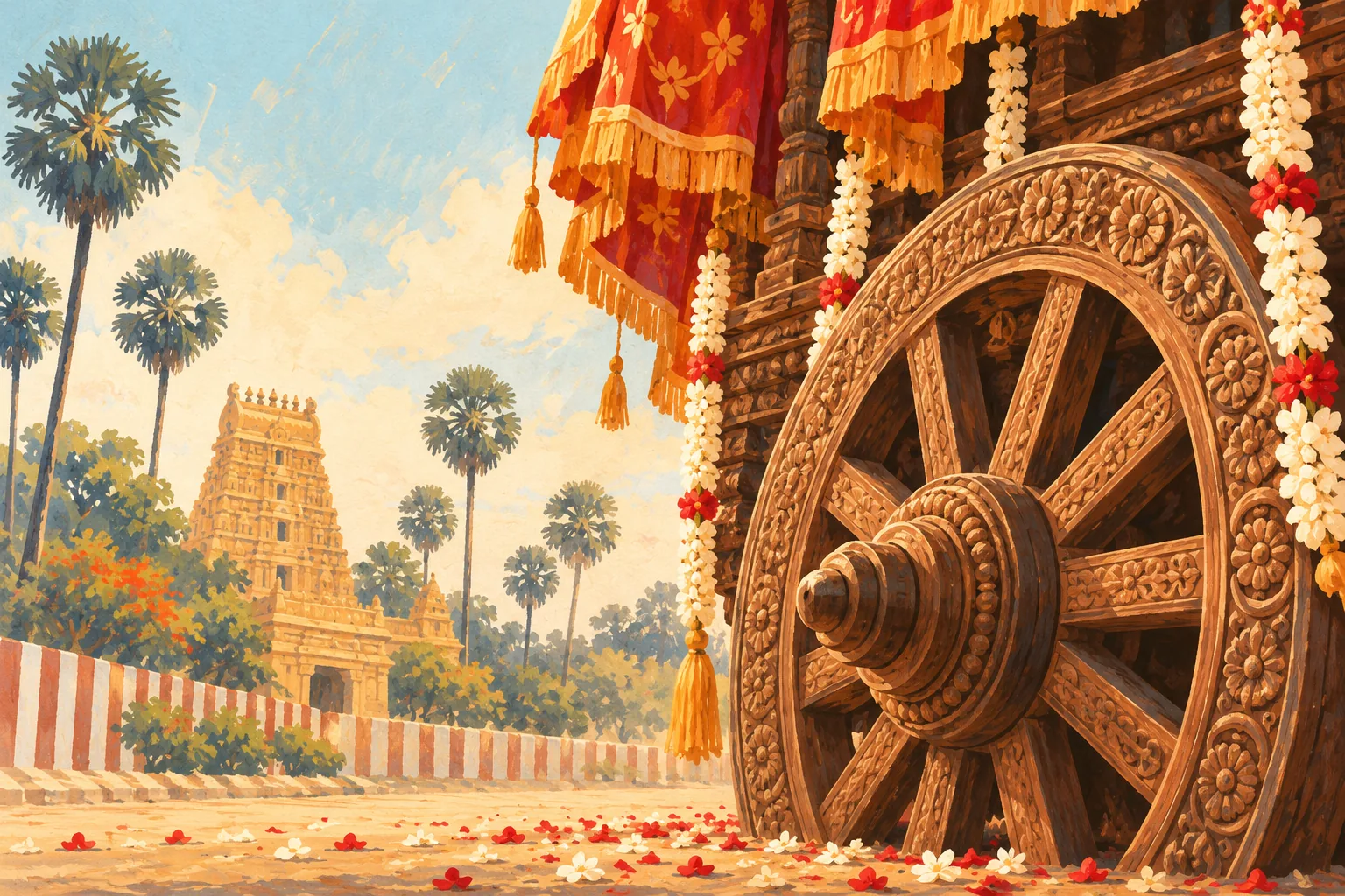 Original symbolic illustration of a carved chariot wheel and garlands for Nallur Festival