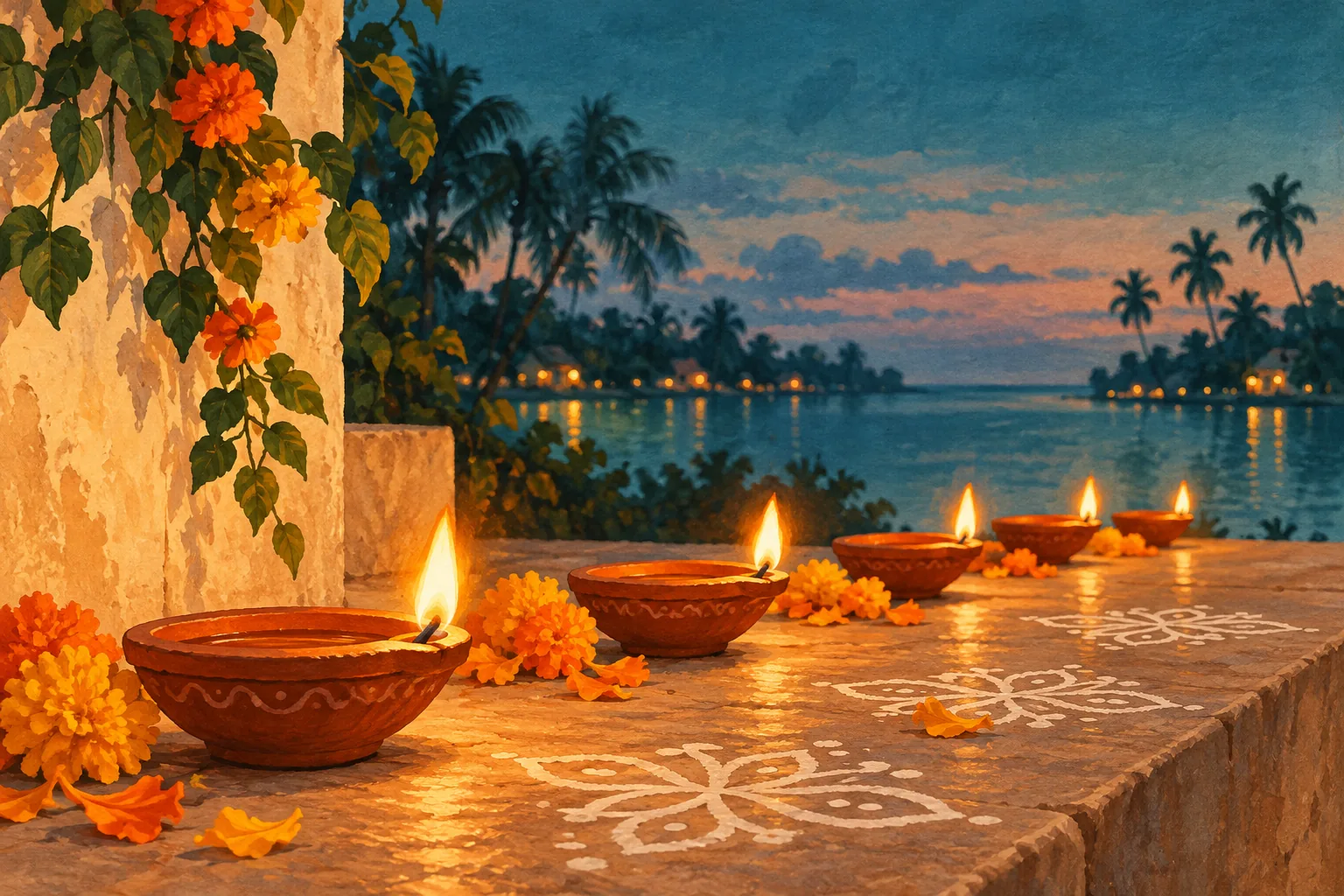 Original Deepavali illustration of glowing terracotta lamps, kolam patterns and marigolds